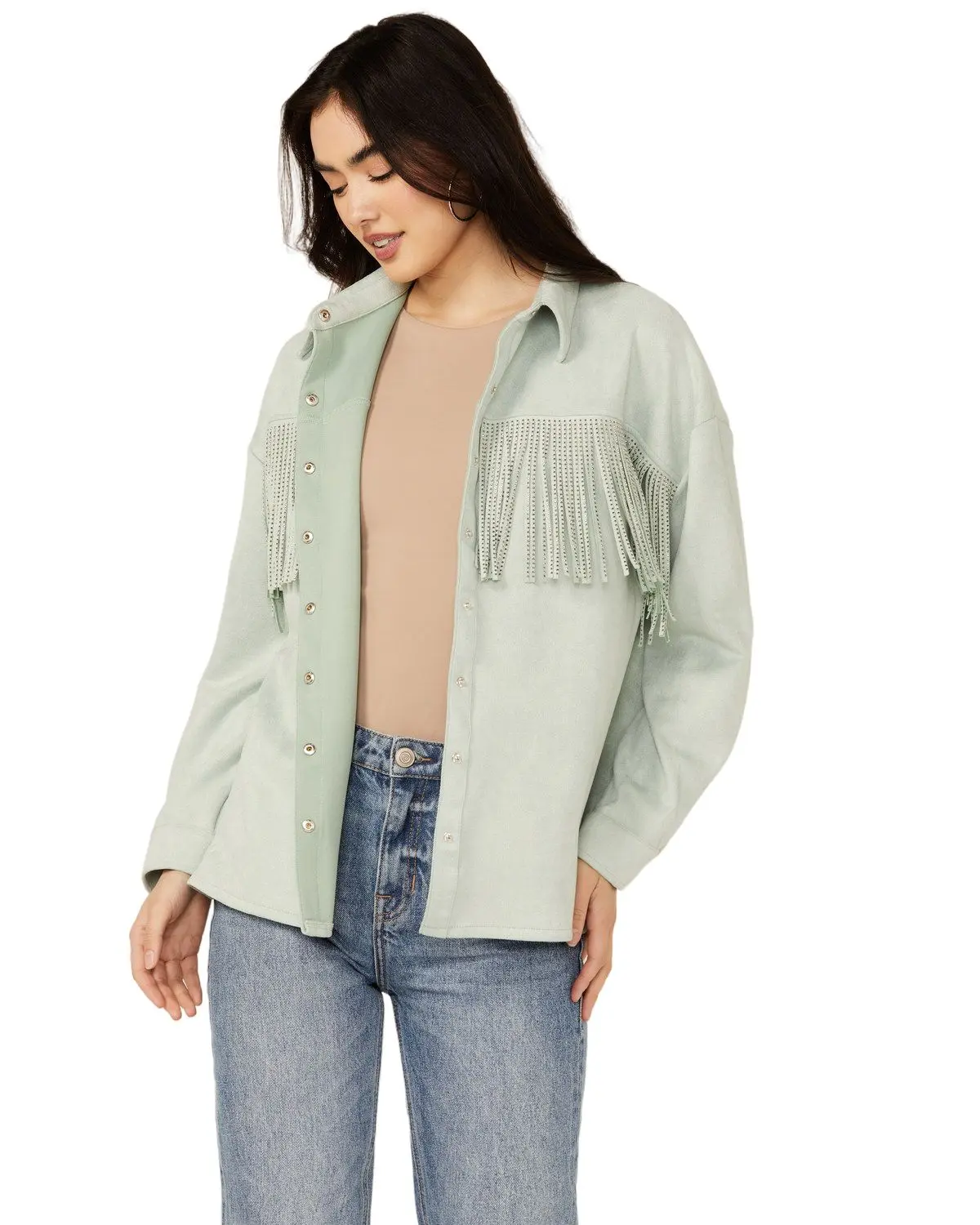 Rock & Roll Denim Women's And Women'S Faux Suede Front Fringe Shacket - Bwn2c04515