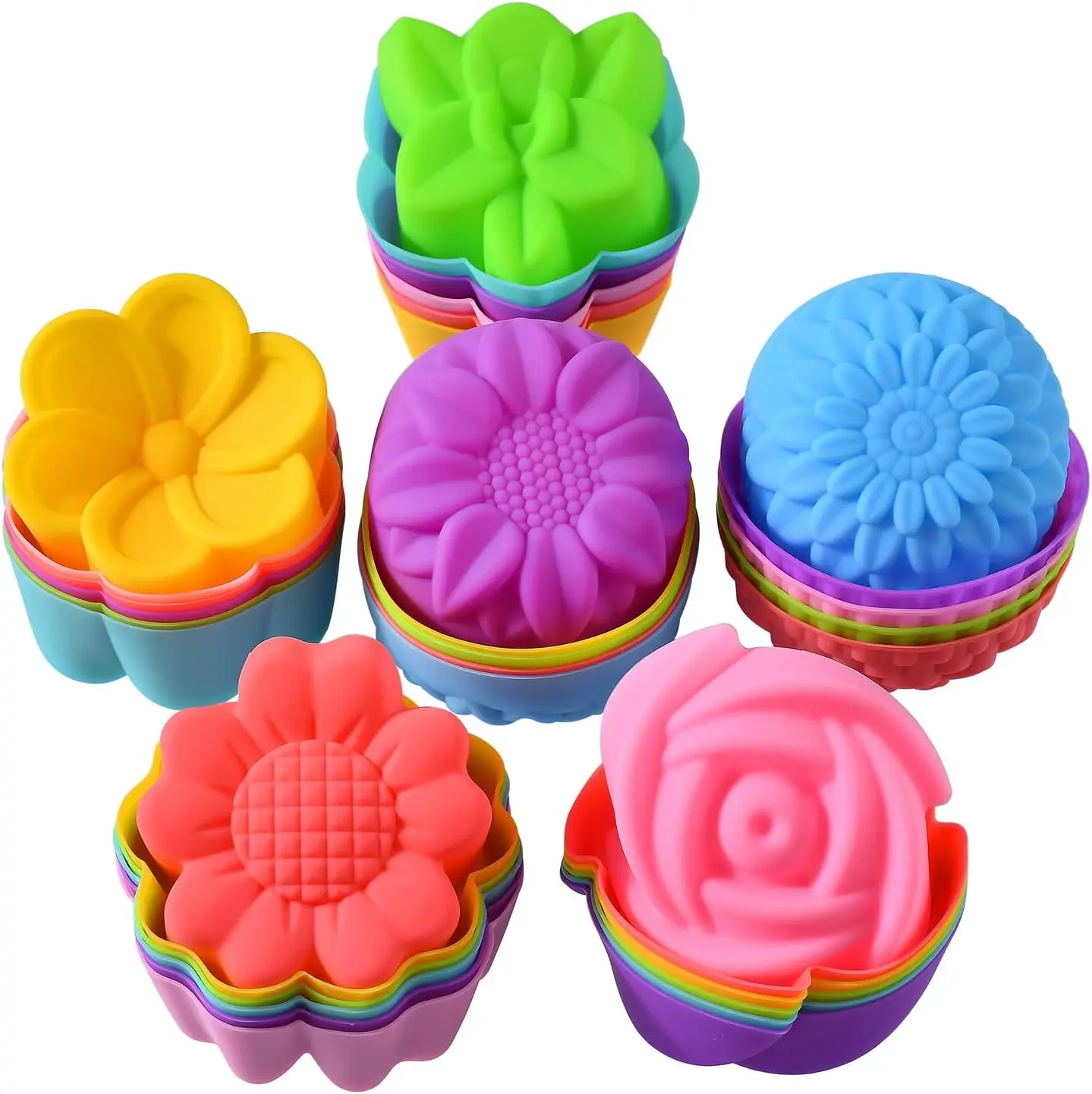 36PCS Reusable Silicone Baking Cups, 2 Inch Mini Silicone Cupcake Liners for Baking, Multi Flower Shapes Muffin Liners, Multicolor