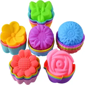36PCS Reusable Silicone Baking Cups, 2 Inch Mini Silicone Cupcake Liners for Baking, Multi Flower Shapes Muffin Liners, Multicolor