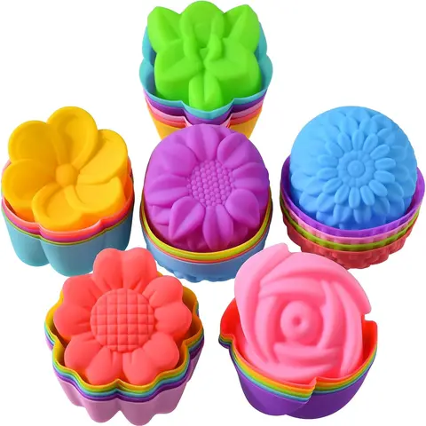 36PCS Reusable Silicone Baking Cups, 2 Inch Mini Silicone Cupcake Liners for Baking, Multi Flower Shapes Muffin Liners, Multicolor
