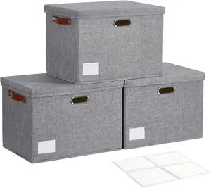 17" Large Collapsible Storage Bins with Lids, Stackable Closet Organizers with PU Handle and Labels, 3-Pack Decorative Fabric Storage Boxes for Home, Bedroom, Closet, Office, Nursery(Gray)