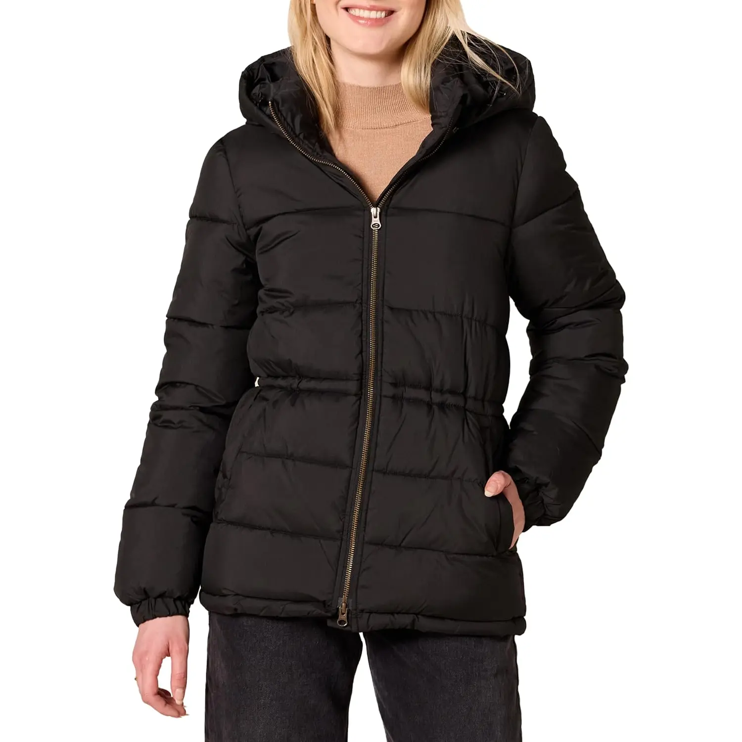 Women'S Heavyweight Quilted Hooded Puffer Winter Jacket with Adjustable Waist