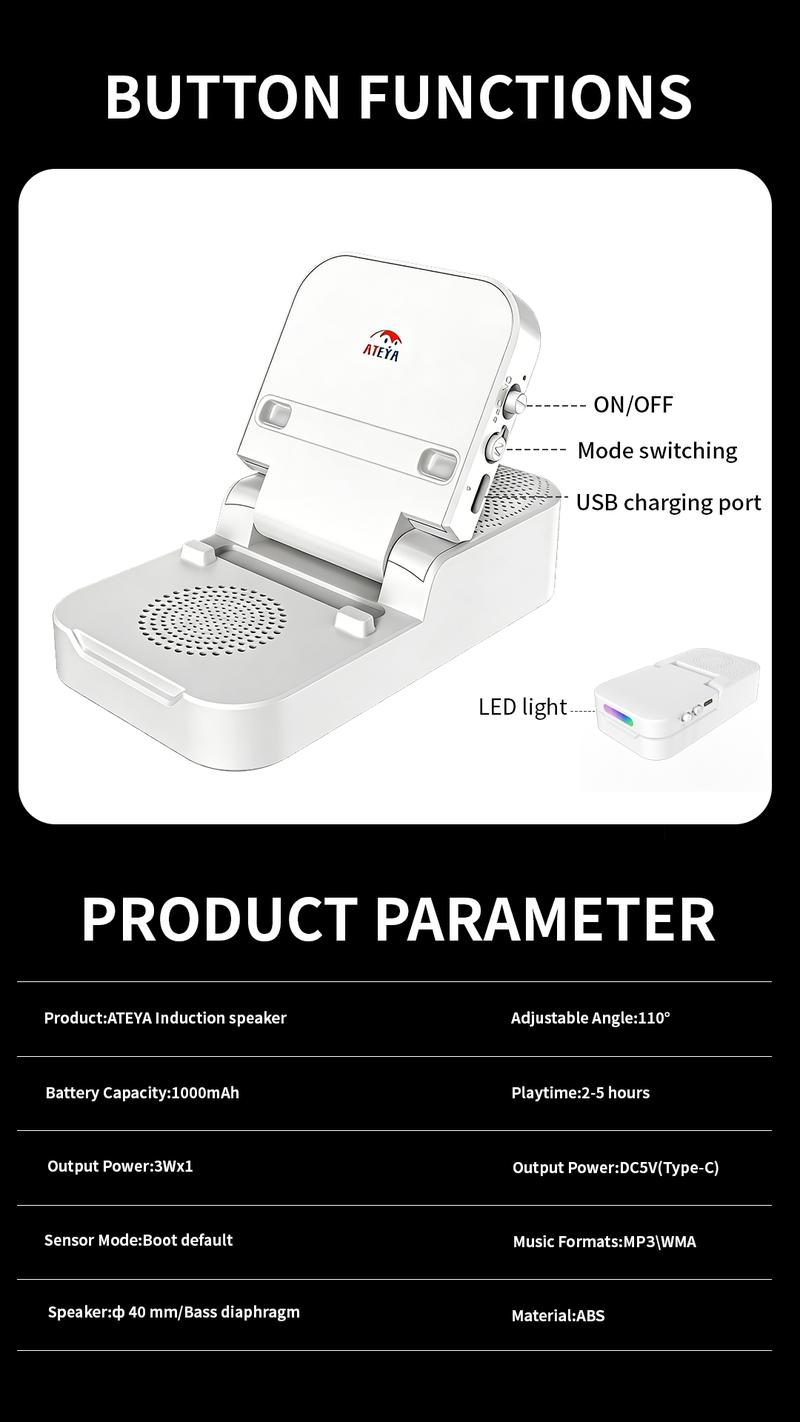 ATEYA Portable Induction speaker | Optional Bluetooth connectivity | Portable Mobile phone holder | Supports connecting two devices simultaneously | Four-in-one speaker.