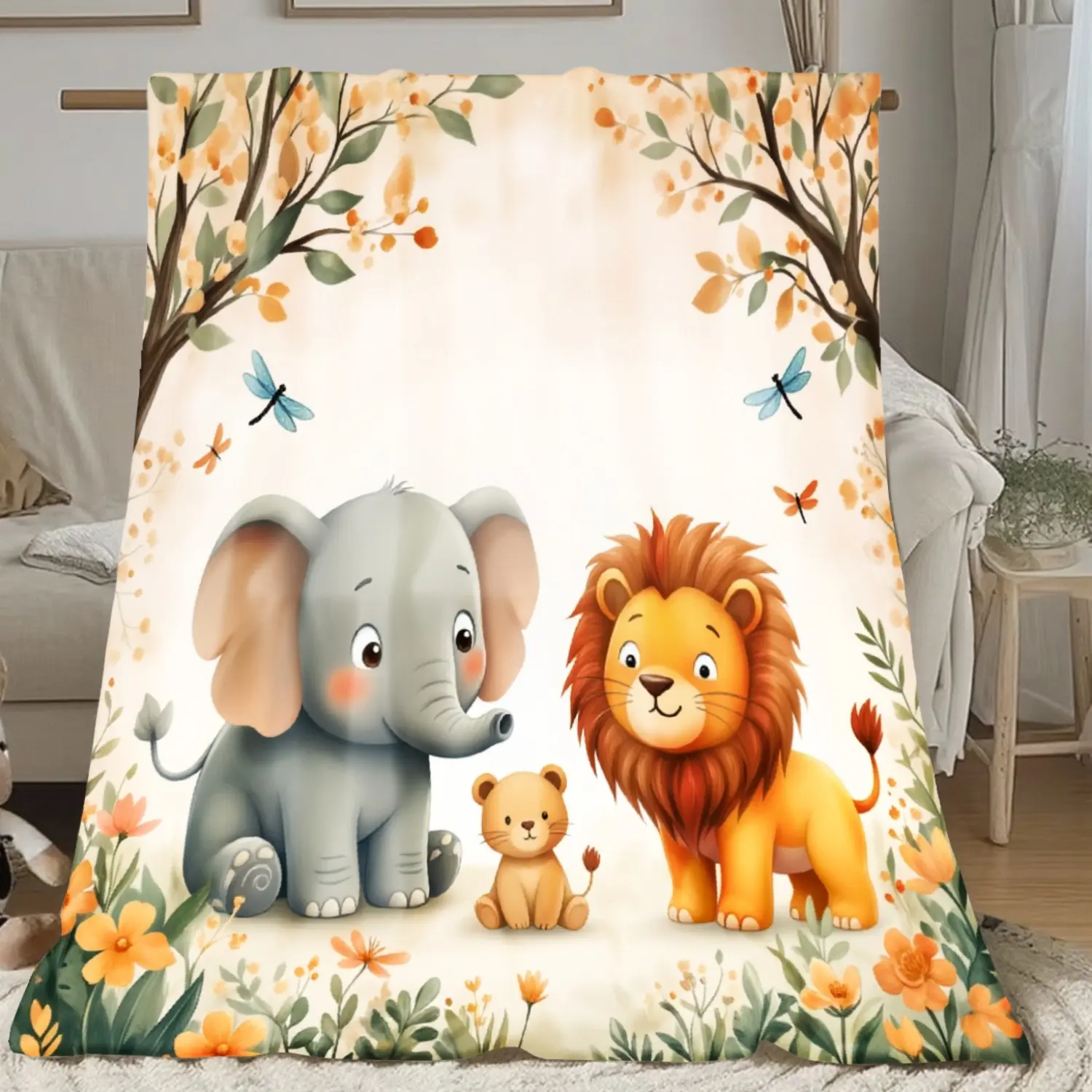 Soft Warm Flannel Throw Blanket Suitable for All Seasons with Elephant Monkey Giraffe Patterns, Cozy Bedspread for, Sofa Bed Car Camping Gift, Multifunctional Warm Bedding for Room Decor, Contemporary Bedding