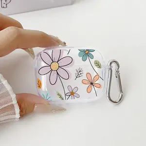Floral Whimsy Delight Pattern TPU Soft Protective Case for Apple AirPods 4/3/2/1/Pro/Pro2 Transparent Earphone Cover with Keychain Attachment