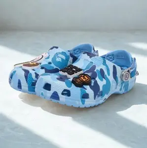 Blue Camo Clogs with Cartoon Charms, Lightweight Non-Slip Breathable Water Shoes, Trendy Streetwear Sandals for Men Women