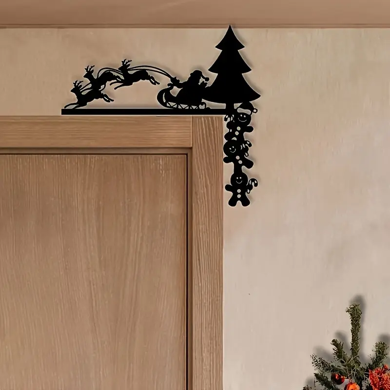 A reindeer sled Santa Claus gingerbread man gift Christmas tree metal Christmas decoration wall stickers door corner decoration Christmas party, bedroom door frame home decoration, door frame art, home decoration, ideal holiday decoration