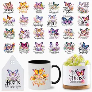24pcs/set UV DTF Transfer Stickers, Decal, DIY Decoration, Christian Butterfly & Inspiring Quotes in Spanish, Waterproof for Cups, Bottles, Travel Mugs, Inspirational Quotes