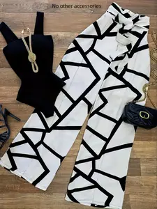 Sleeveless Top & Geometric Print Wide Leg Pants Set, Stylish Office Wear, Slimming Fashion Ensemble, 2 Piece Suit, Summer Clothing Set, Womenswear