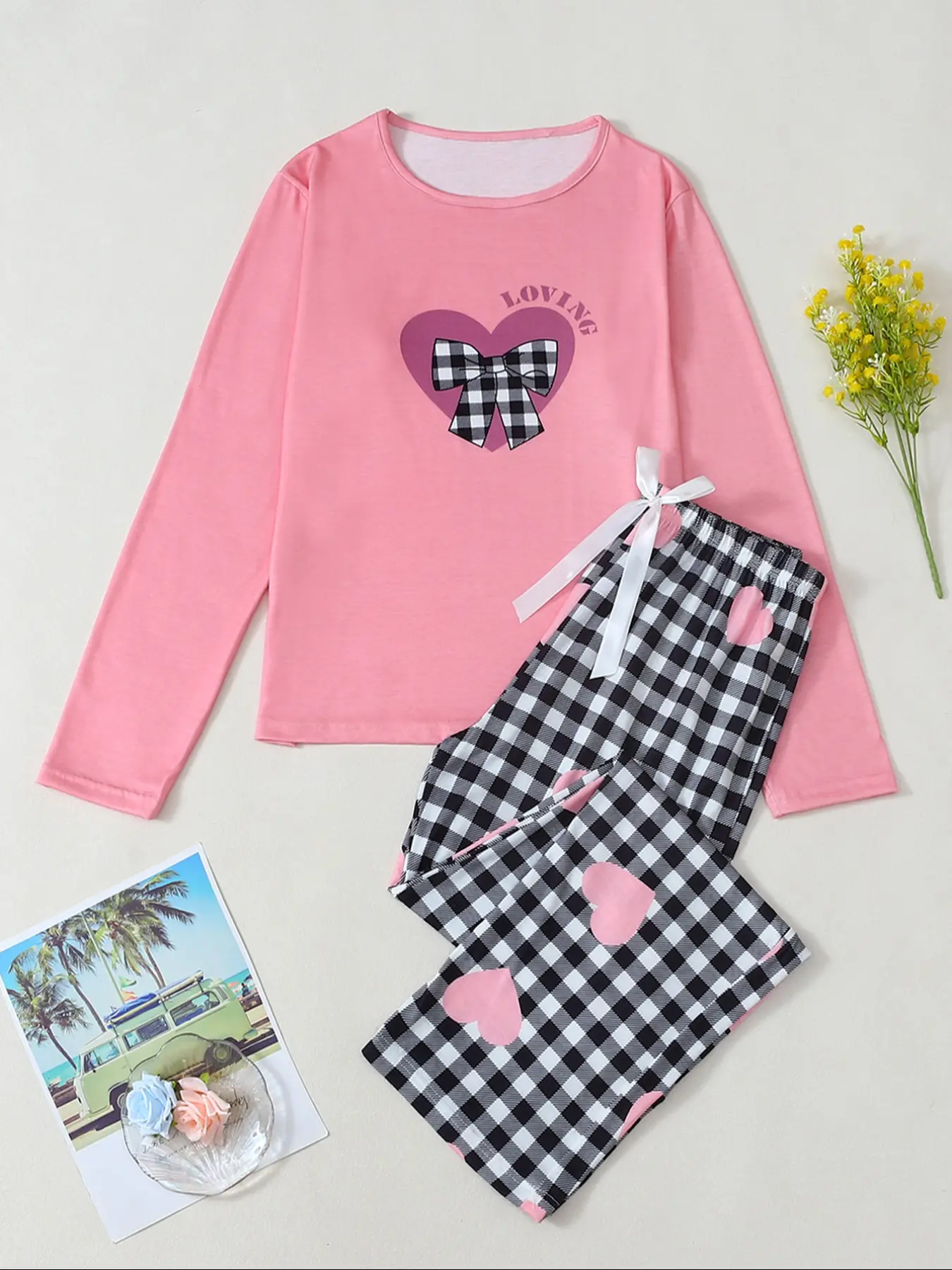 Autumn Winter Plaid Heart Print Women's Long Sleeve Pajama Set, Pjs, Loungewear, Round Neck Design, Comfortable Breathable Fabric, Casual Fashion Fitted Two-Piece Sleepwear