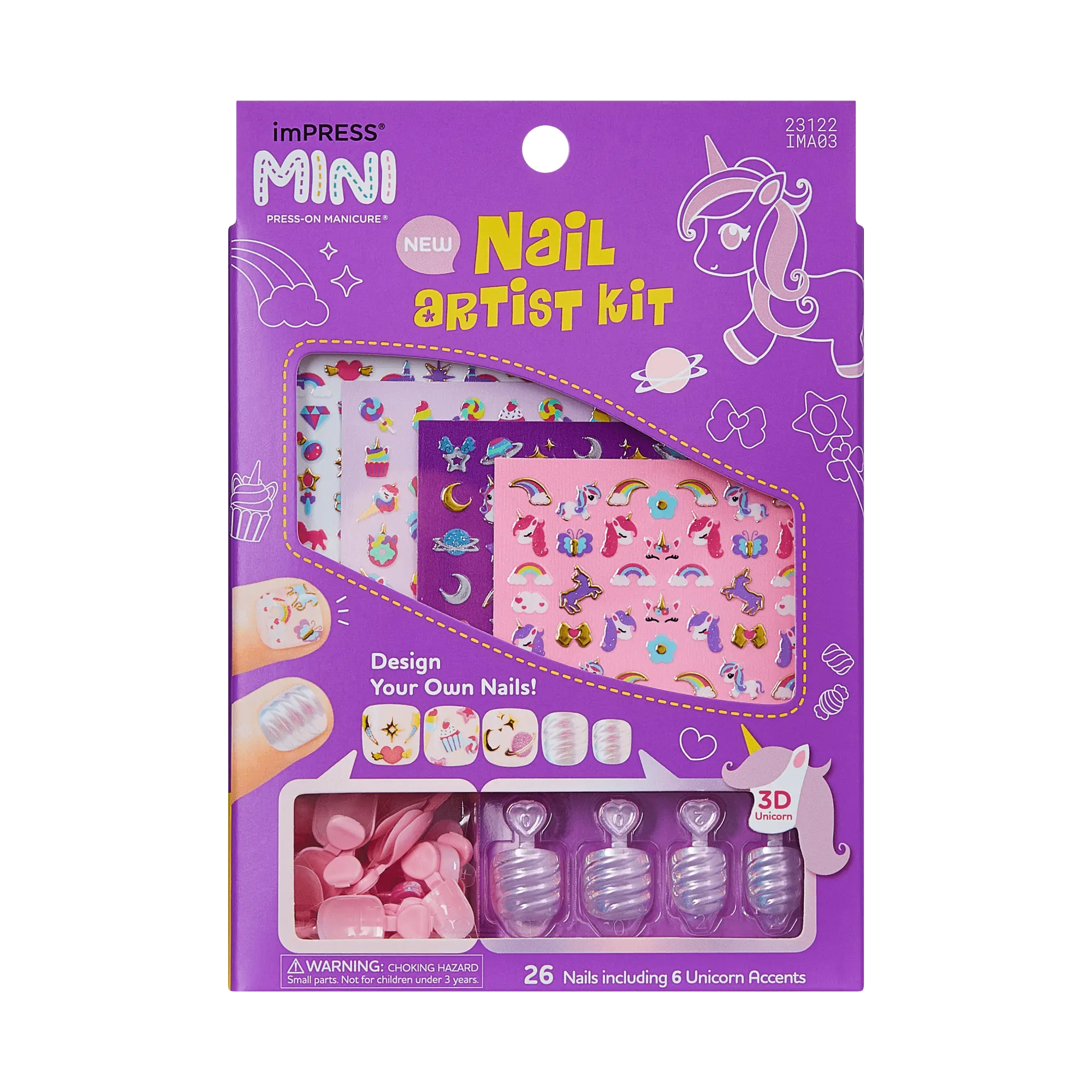 Impress Mini Nail Artist Kit No Glue Fake Press On Nails - Unicorn Dream | Design, Multicolor, Kids, Squoval, Manicure