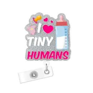 Tiny Humans Letter Design Badge Holder, Badge Buddy Nursing, Retractable Badge Reel, Name Badge Holder for Nurse Doctor Student Worker Volunteer, Medical Badge Holder