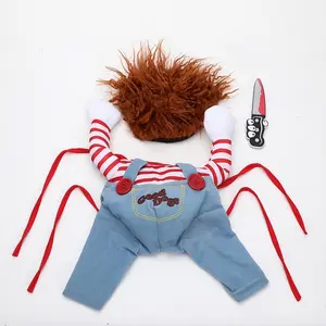 Halloween Dog Costume Chucky Doll Skeleton Cosplay Outfit for Small & Medium Dogs with Red Striped Socks and Blue Overalls Good Dog Design