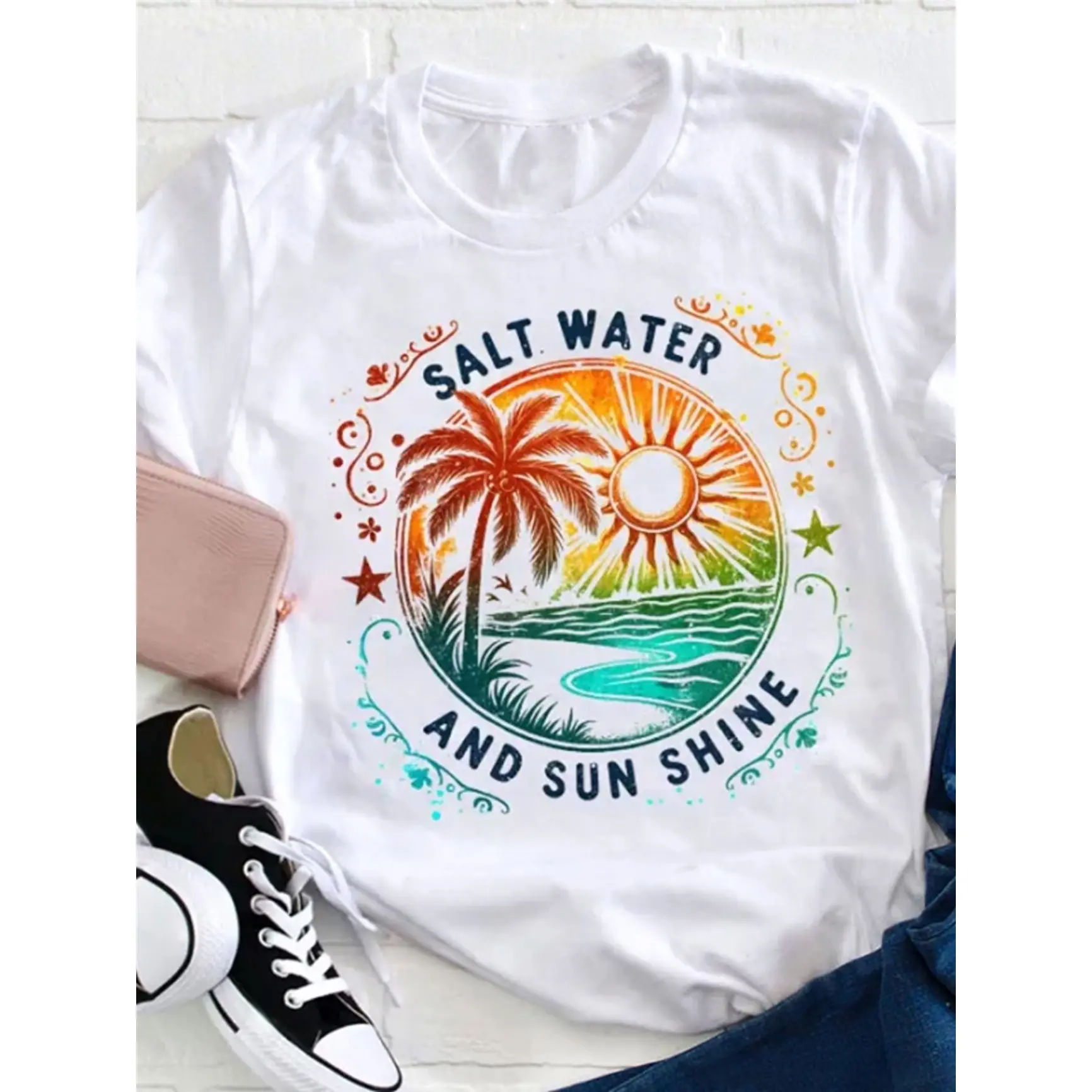 Women's Oversized Loose Lightweight 100% Cotton Short-Sleeve Crew Neck T-Shirt, Tropical Sunset Ocean Palm Tree Graphic Top, Perfect Vacation & Mother’s Day Gift For Her, Shortsleeve