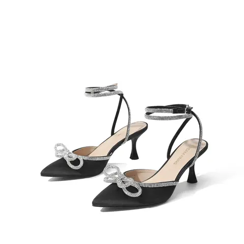 DREAM PAIRS Women's Classy Rhinestone Bow Buckle Fabric Kitten Heels - 2.76-inch Pointed Closed Toe Ankle Pumps, Comfortable Bridal Shoes for Weddings