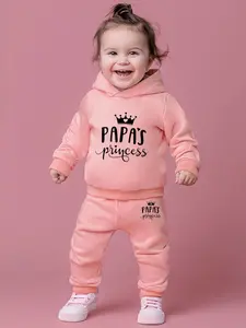 Cute Little Girl Fall Winter Hooded Sweatshirt Set, Cartoon Letter Heart Print, Comfortable Fabric, Casual Two-Piece