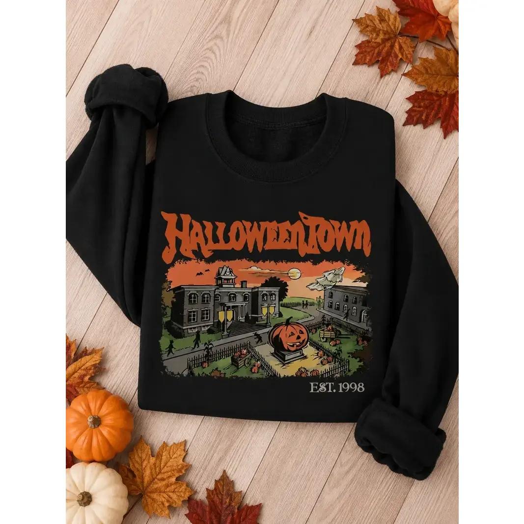 Women’s Cotton Printed Halloweentown Est 1998 Retro Casual Tops – Fitted Cut, Printed Graphic, Crew Neck, Hangable Fold Fall Halloween Sweatshirts