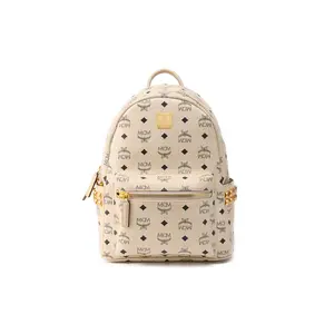 MCM Stark Backpack with Classic Monogram and Rivets in Canvas and Leather for Commuting and Social Events, Unisex Small Size in Beige