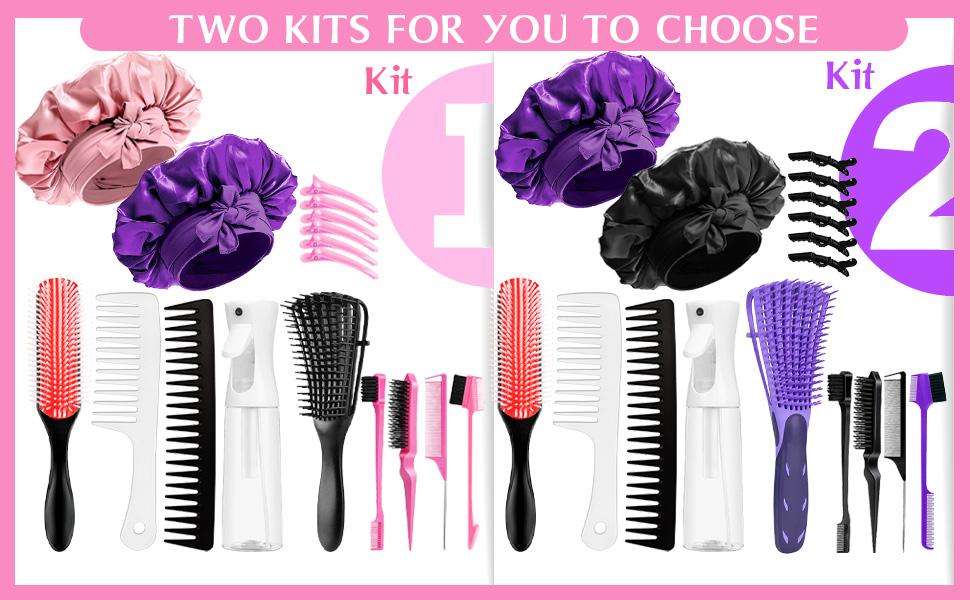 【Spring Glow-Up】Pink Hair Brush Set 17 Counts Detangler Wide Tooth Comb Satin Bonnet Nylon Bristle Brush Edge Tool Kit for Curly Hair Styling Detangling Hairbrush