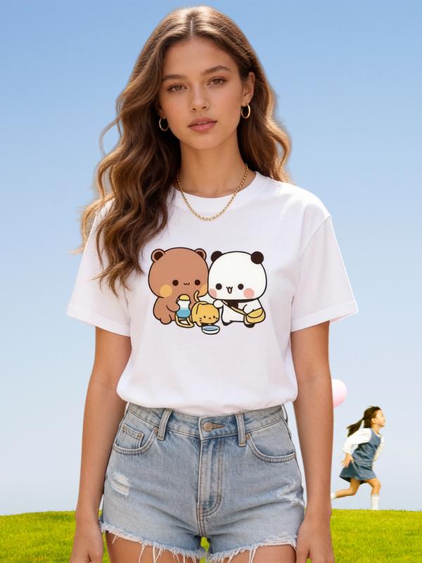 Women's Pure Cotton Short-Sleeve Round Neck Graphic Tshirt - Loose Lightweight Casual Essential Top with Cartoon Brown Bear & White Panda Feeding Little Cat Print, Vintage Streetwear Daily Wear