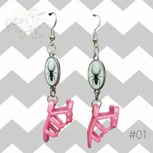 Doll Shoe Earrings in Pink with Unique Spider Charm and Silver Hook for Stylish Accessory #01