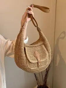 Women's Fashionable Straw Bag, Large Capacity Shoulder Bag for Daily Used, Casual Trendy Versatile High-quality Daily Commuting Bag, Girl Fashionable Shopping Bag, Elegant Commuter Bag