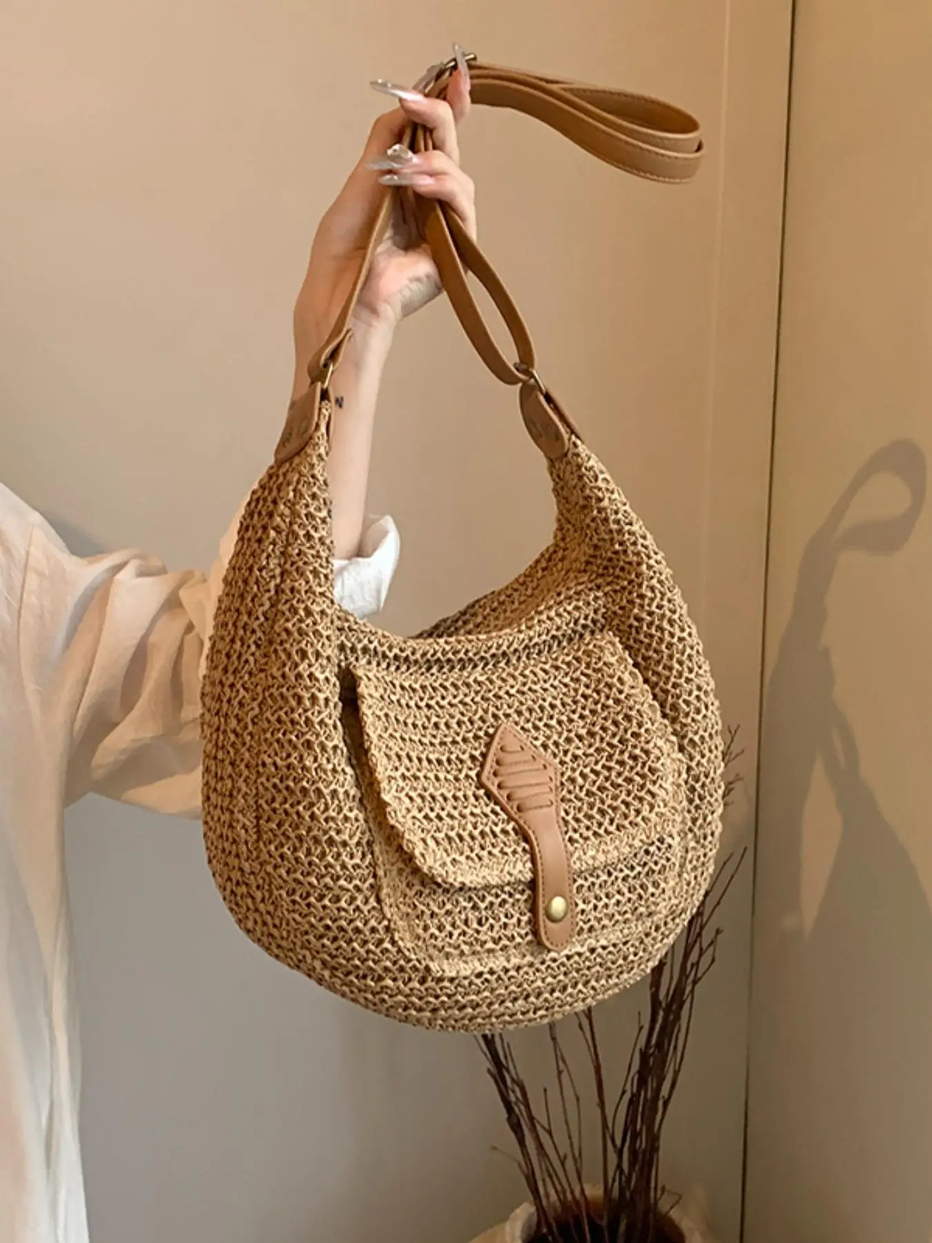 Women's Fashionable Straw Bag, Large Capacity Lightweight Shoulder Bag for Daily Used, Casual Trendy Versatile High-quality Daily Commuting Bag, Girl