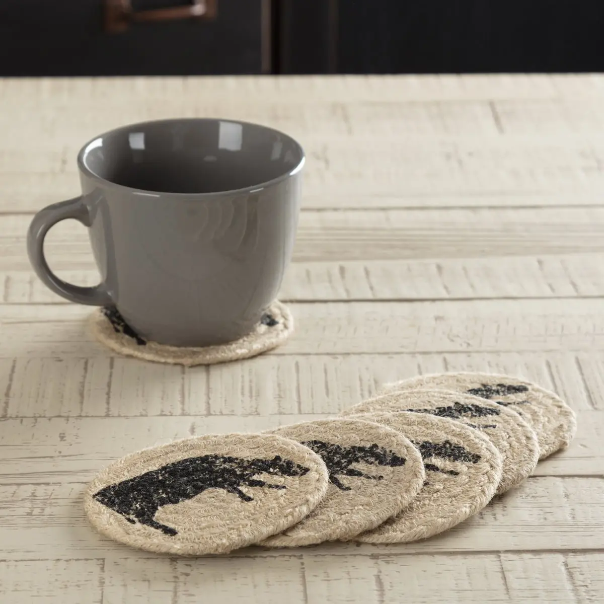 Farmstead Charcoal Cow Coasters, Jute Kitchen Tableware, Farmhouse Room Decor with Animal Design, Spot-Clean Friendly