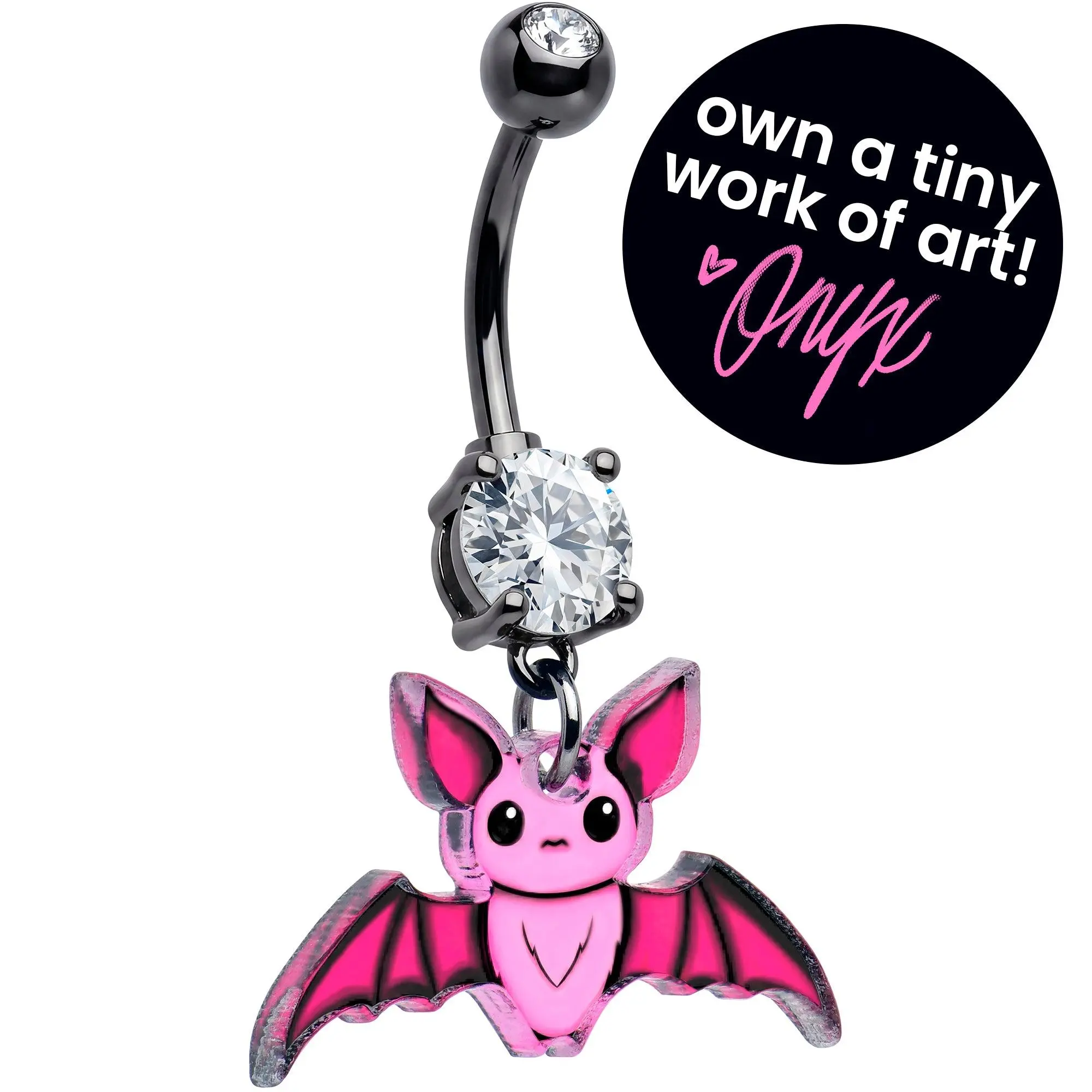 Onyx O Black Gem, Pretty Pink Bat Acrylic Dangle Belly Button Ring - Gothic Piercing Jewelry for Body Jewelry Enthusiasts, Belly Button Rings