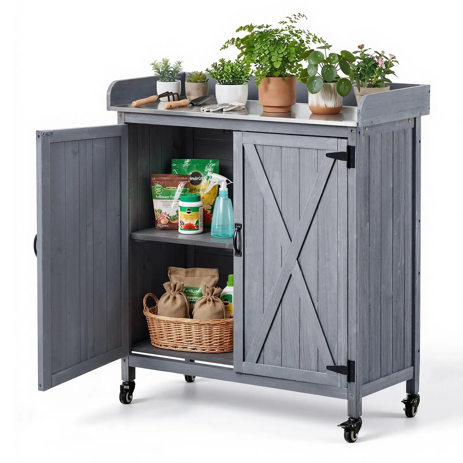 VEVOR Gray Cabinet Style Potting Bench Table, Outdoor Gardening Wooden Workstation with 36x16 in Galvanized Iron Tabletop, 3-Tiered Large Storage, 4 Castor Wheels, 16 kg Capacity, Easily Assembled Single Unit for Patio, Backyard