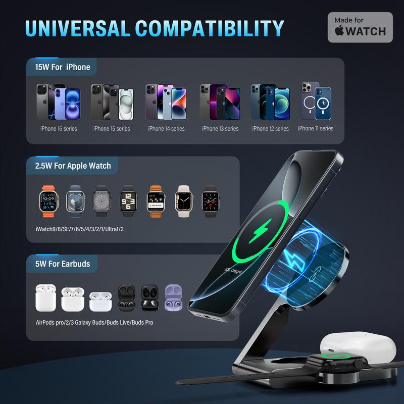UltraQ 3 in 1 Wireless Charging Station, Ultrathin Foldable Aluminum Alloy Wireless Charger for iPhone 16/15/14/13/12 Series, AirPods Magsafe Charger for iWatch Series