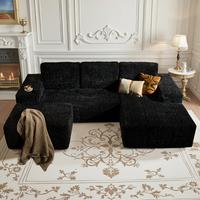 Silver Velvet Fabric Black Right Chaise & Ottoman