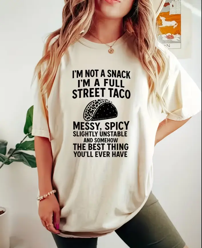 I'm Not A Snack I'm A Full Street Taco Funny Leopard Taco Print Beige Oversized Crew Neck Casual Short Sleeve Graphic T-Shirt
