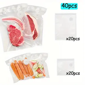 Set of 40 Vacuum Zipper Bag with Universal Air Valve, Vacuum Sealer Bags for Food, Reusable Sous Vide Bags BPA Free, Food Storage Bag for Meal Prep, Dishwasher Microwave & Freezer Safe