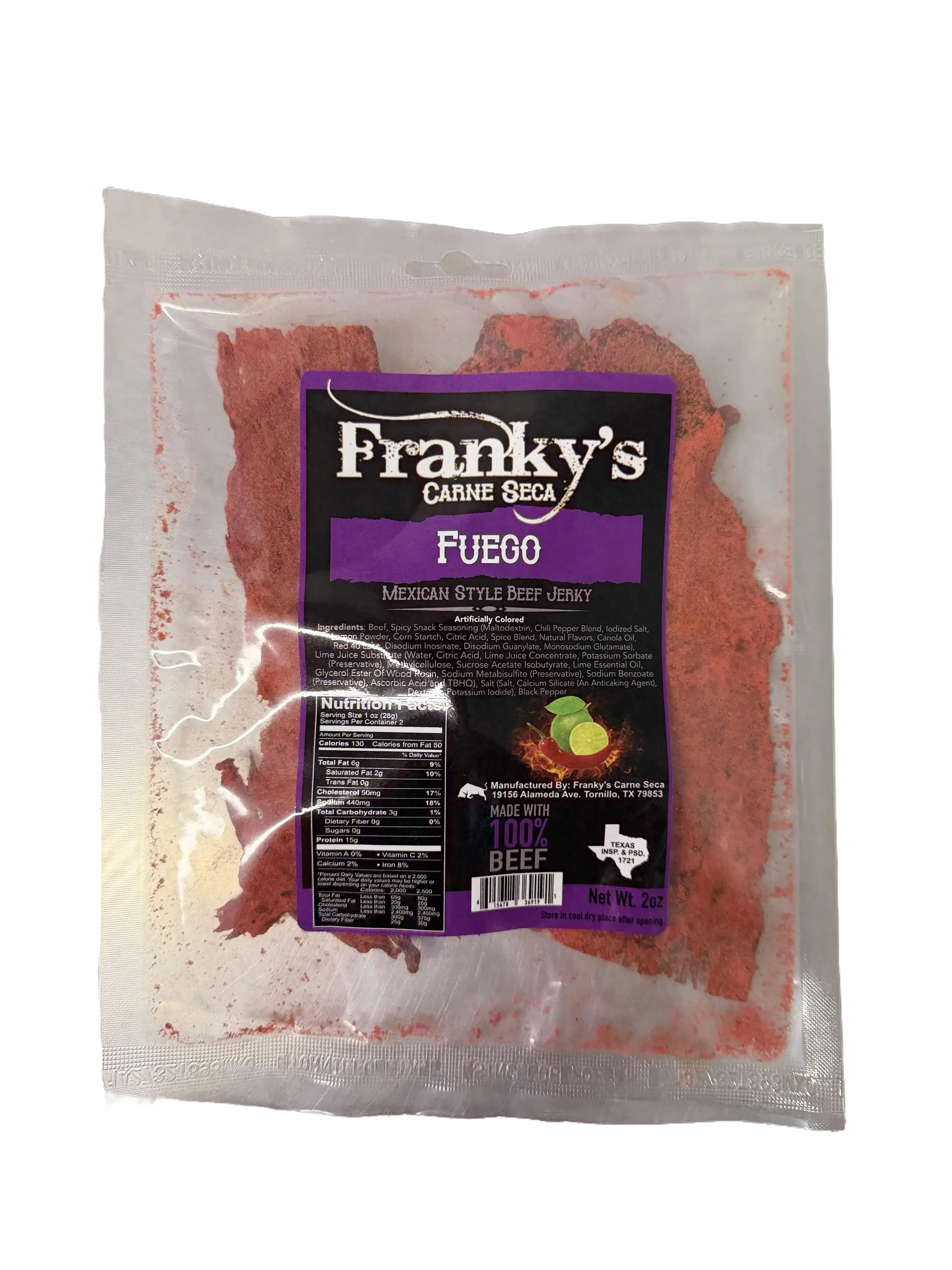Franky's Carne Seca Fuego Beef Jerky - Spicy 2oz Dried Food Snack