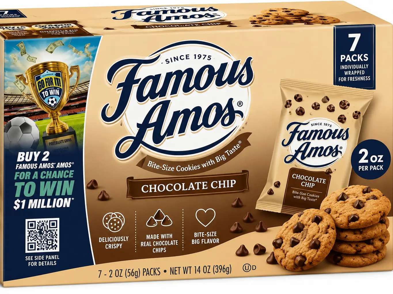 Famous Amos Chocolate Chip Cookies, 2 oz Individual Bags (7-Pack) – Bite-Size Chocolate Chip Cookies, Individually Wrapped On-the-Go Snack Packs
