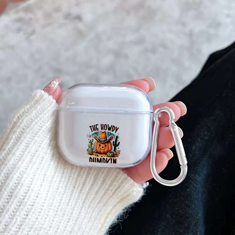 Cowboy Pumpkin Greeting Pattern TPU Soft Protective Case for Apple AirPods 4/3/2/1/Pro/Pro2 Transparent Earphone Cover with Keychain Attachment