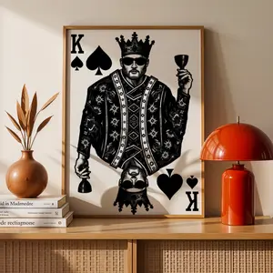 2D Flat Crown King Wall Decor - Horizontal Monochrome Black Ink Canvas - Suitable for Bedroom and Living Room Decoration, Office Space Enhancement - Framed Royal Theme Artwork