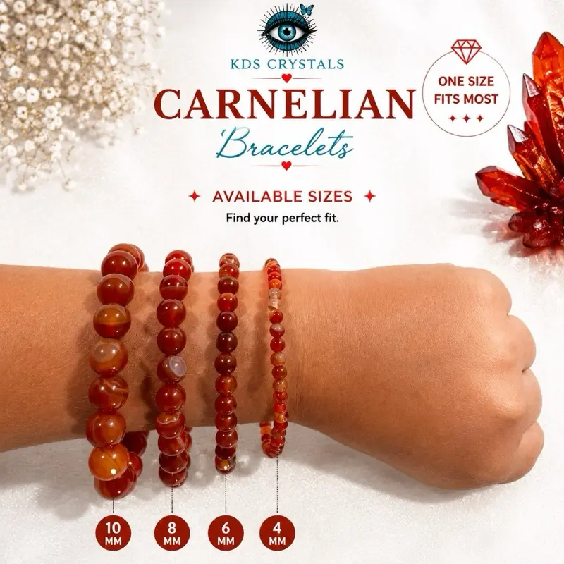 Carnelian Bracelet 4mm 6mm 8mm 10mm | Natural Carnelian Crystal Bracelet | Genuine Red Orange Gemstone Bead Bracelet | Energy Stone Jewelry