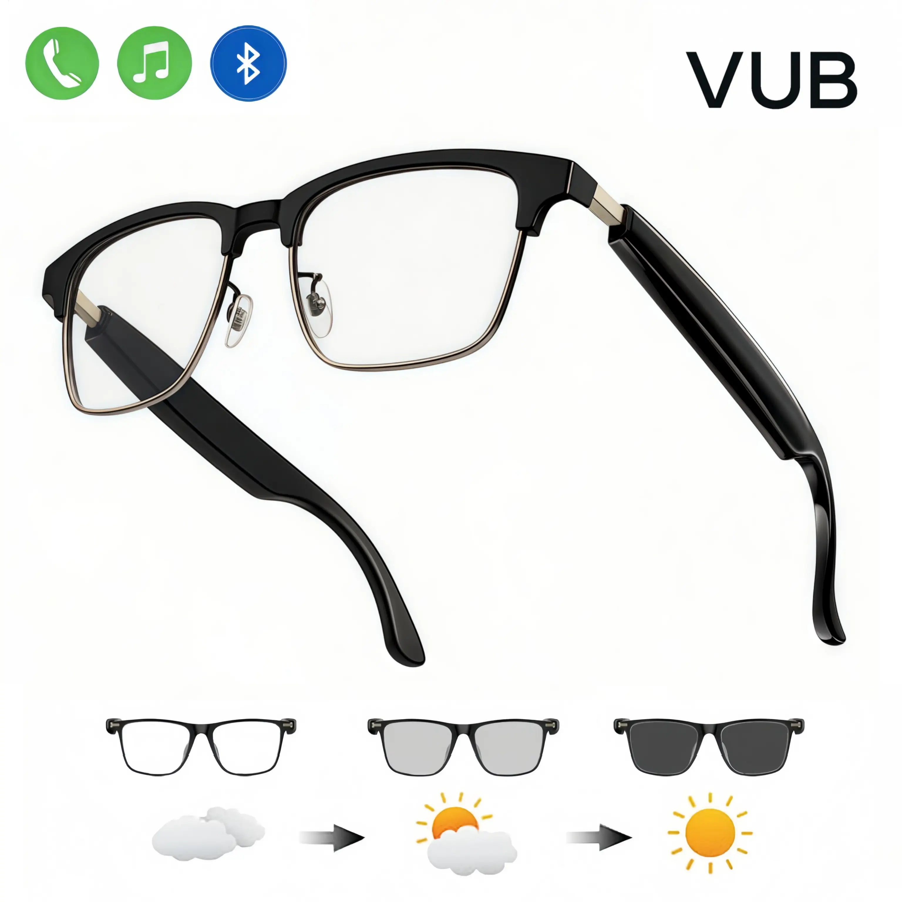 VUB Bluetooth Smart Glasses, Sunglasses for Men and Women with Anti-Blue Light Lenses, Auto-Color Changing Touch Control, Built-in Microphone, High-Re