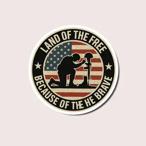 Land of the Free Military Tribute Sticker, Patriotic Soldier Kneeling Vinyl Decal for Veterans Day, Memorial Day, or Army Dad Gift