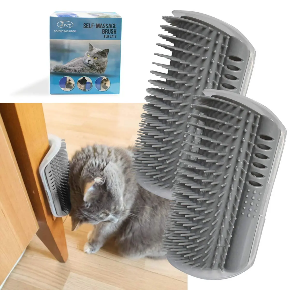 Softer Self Groomer with Catnip Wall Corner Massage Comb Scratcher Grooming Brush Tool for Long & Short Fur Kitten Cats Dogs ( 2 Pack )