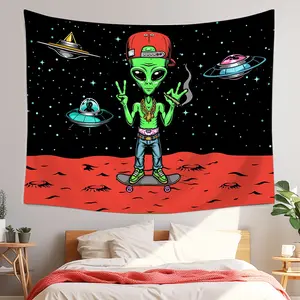 Hiphop Alien Skateboard Background Cloth, Space Theme Dorm Bedroom Rug, Mystery Starry Atmosphere, Curiosity About Unknown Universe, Wall Tapestries