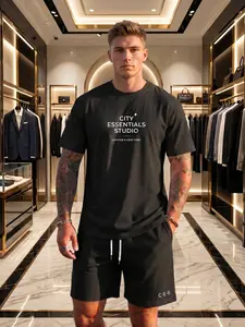 Men’s City Essentials Black 2-Piece Outfit Soft Breathable Stretch T-Shirt + Shorts Co-ord For 18-45 Daily Streetwear Summer Casual Vacation