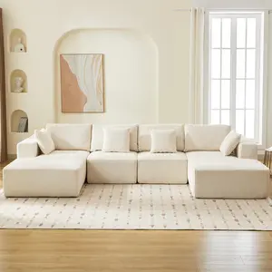 137 Inch Modern U Shaped Cloud Boneless Modular Sectional Sofa Premium Corduroy Fabric Deep Seat Convertible Compression Sleeper Single Chaise Lounge No Assembly Required Cozy Stylish Home Furniture for Living Room