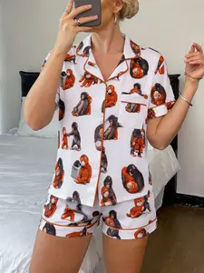 2-piece women's white background full body black gorilla red gorilla doll pattern printed short sleeved shorts soft and comfortable lapel design top small pocket elastic waistband for daily leisure home women's sleepwear set