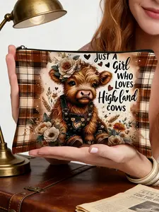 1PC Highland Cow Print Zipper Pouch, Handheld Cosmetic Pouch, Multi-purpose Cosmetic Makeup Bag, Travel Organizer, Stationery Holder, The perfect versatile gift for Her, Friends, or any Cow Lover!