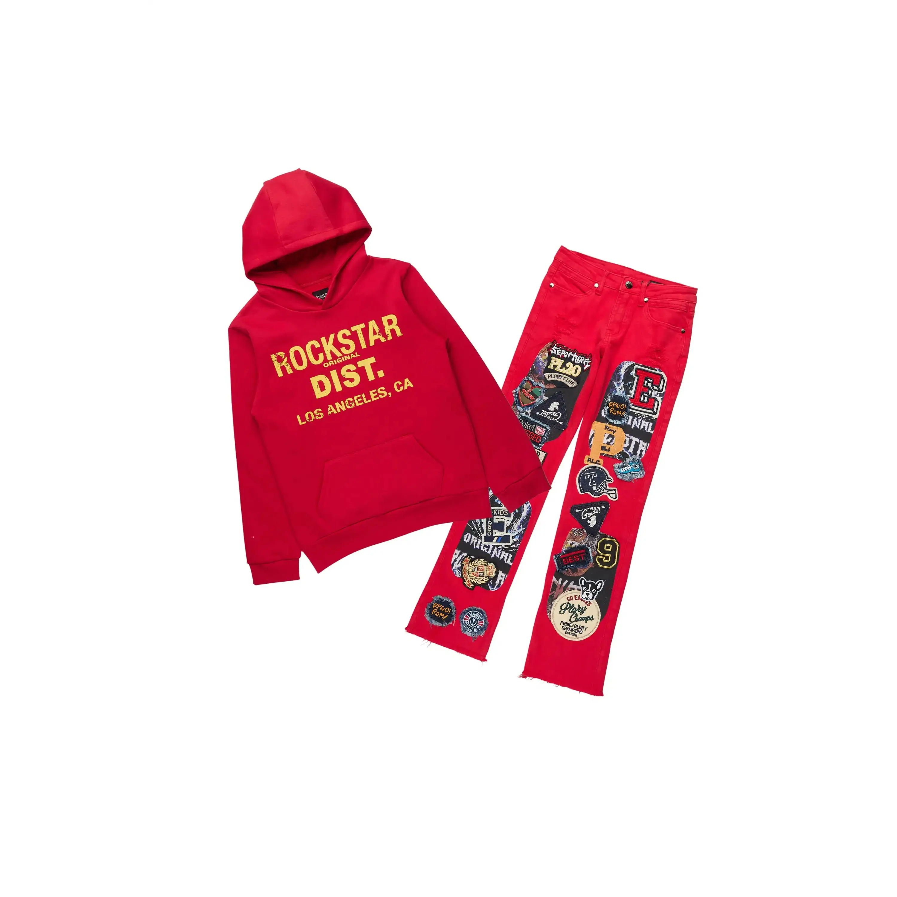 Boys Koen Red Hoodie & Espen Red Stacked Jean Set