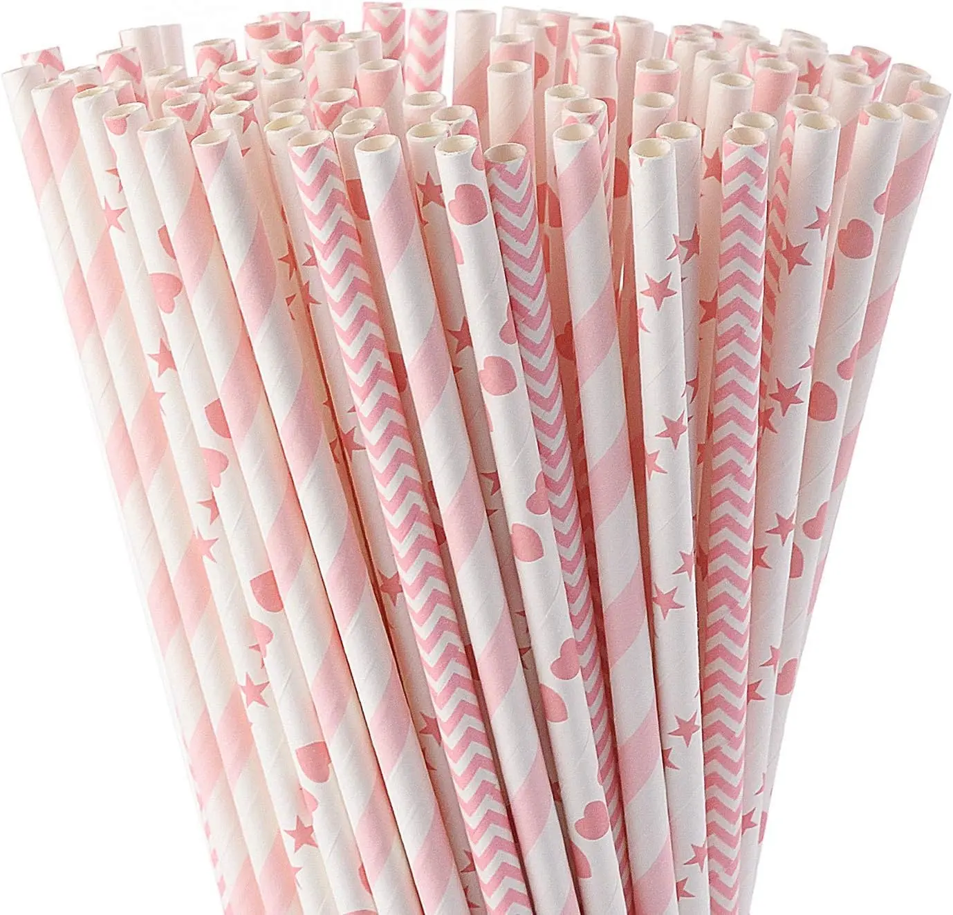 Biodegradable Pink Paper Straws, Pack of 100 Party Straws for Juice, , Smoothies, Birthday, Wedding, Bridal/ Shower and Christmas Decorations