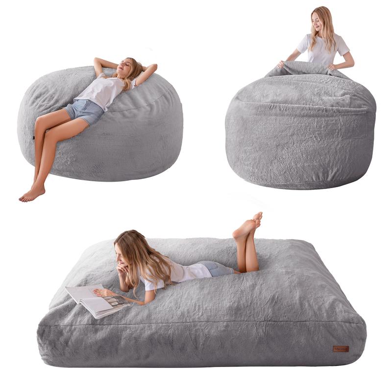 Maxyoyo Giant Faux Fur Bean Bag Chair - 2-in-1 Convertible Lounger & Floor Mattress Bed | Super Soft Foldable Lazy Chair for Living Room, Dorm & Apartment